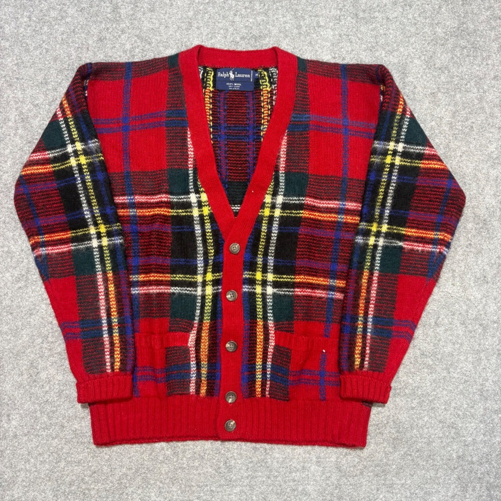 Ralph Lauren Vintage Red Tartan Plaid 100% Wool Button Cardigan Sweater Mens M